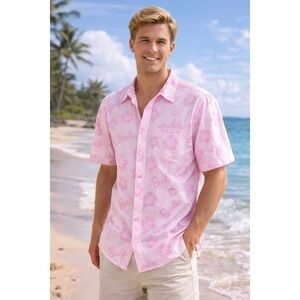 Barbie Pink Hawaiian Shirt Mens Medium Button Up Hibiscus Floral Logo NWT